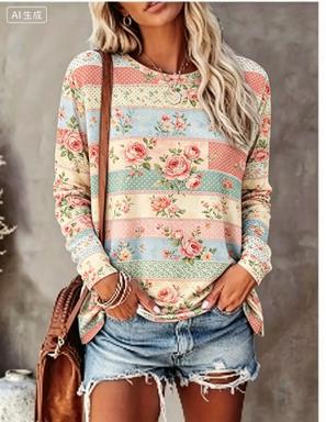 T-Shirts - Kadın Uzun Kollu Tişört Pastel Patchwork