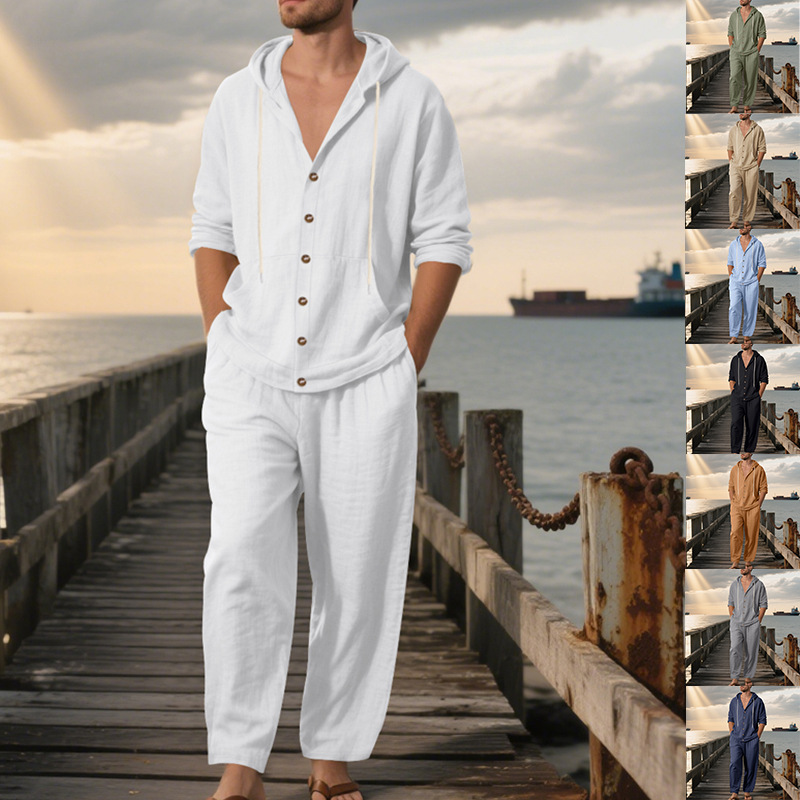 Mens Linen Shirt Long Sleeve - Yazlık Erkek Amerikan Bol Keten Kapüşonlu